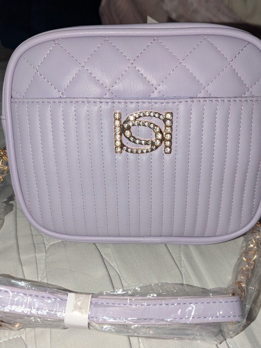 bebe Lavender Quilted Crossbody Bag with Crystal Accent